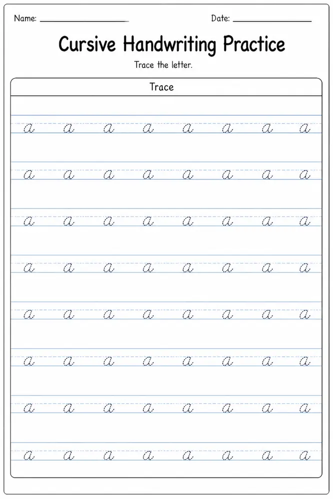 Cursive handwriting practice worksheet for letter A