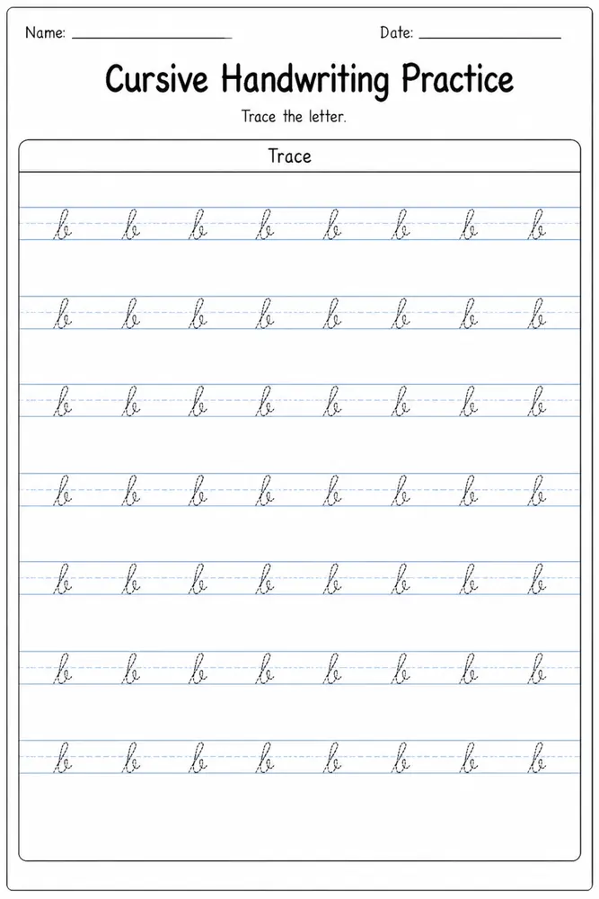 Cursive handwriting practice worksheet for letter B