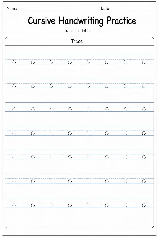 Cursive handwriting practice worksheet for letter C
