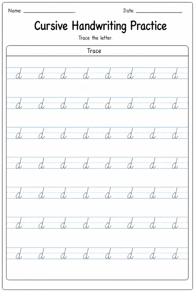 Cursive handwriting practice worksheet for letter D