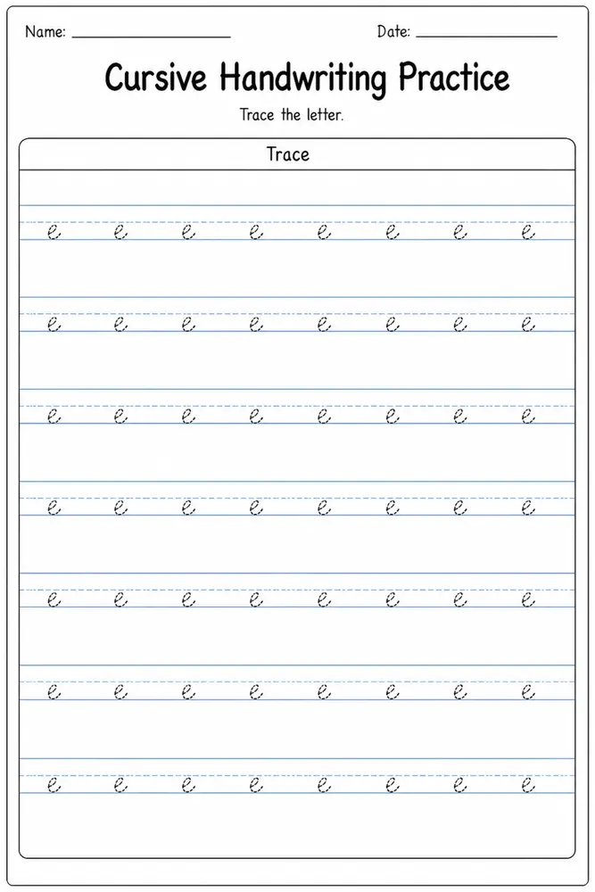 Cursive handwriting practice worksheet for letter E