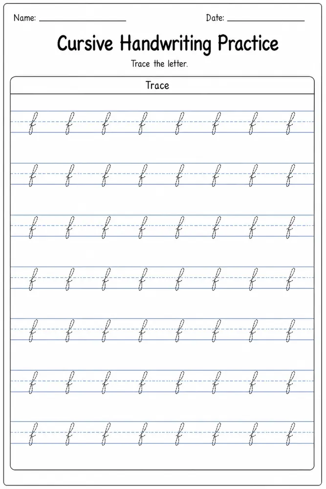 Cursive handwriting practice worksheet for letter F