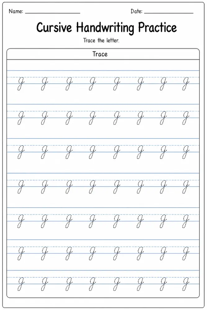 Cursive handwriting practice worksheet for letter G