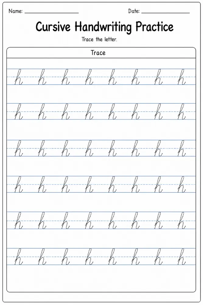 Cursive handwriting practice worksheet for letter H