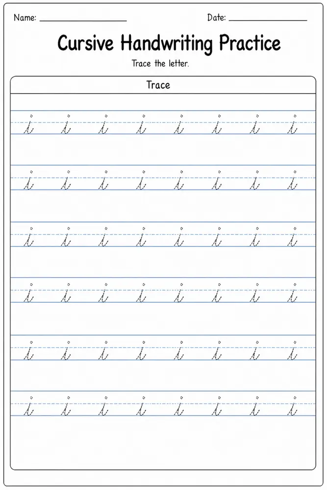 Cursive handwriting practice worksheet for letter I