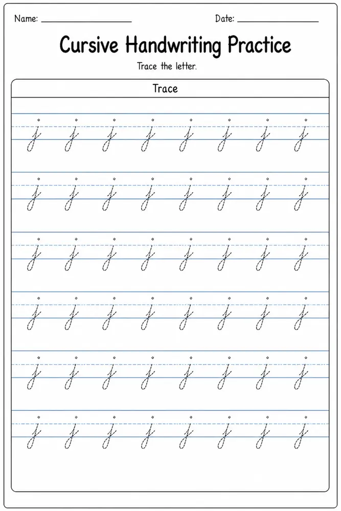Cursive handwriting practice worksheet for letter J