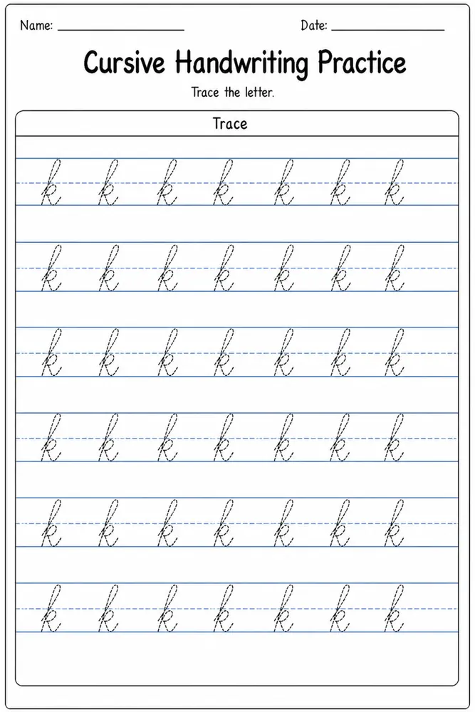 Cursive handwriting practice worksheet for letter K