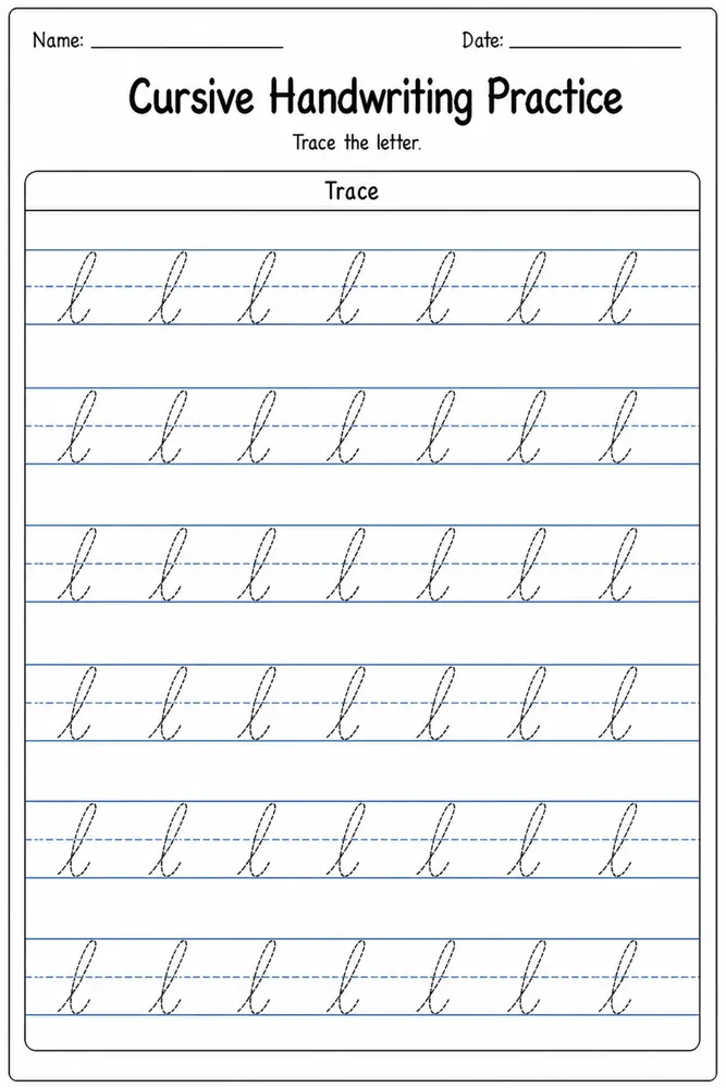 Cursive handwriting practice worksheet for letter L