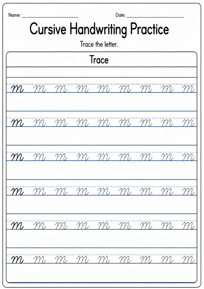 Cursive handwriting practice worksheet for letter M