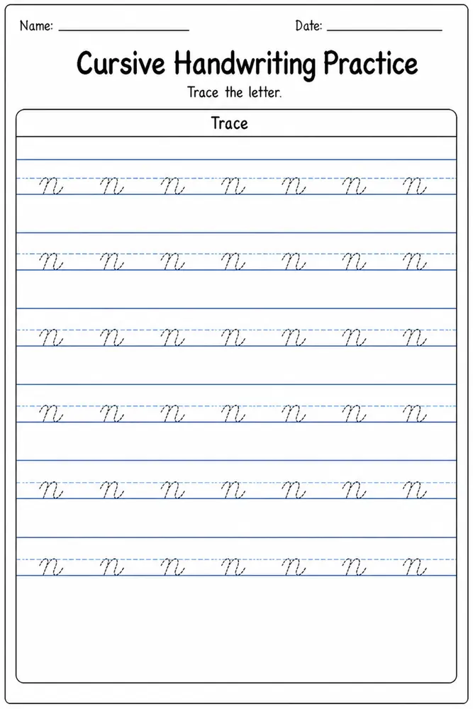 Cursive handwriting practice worksheet for letter N
