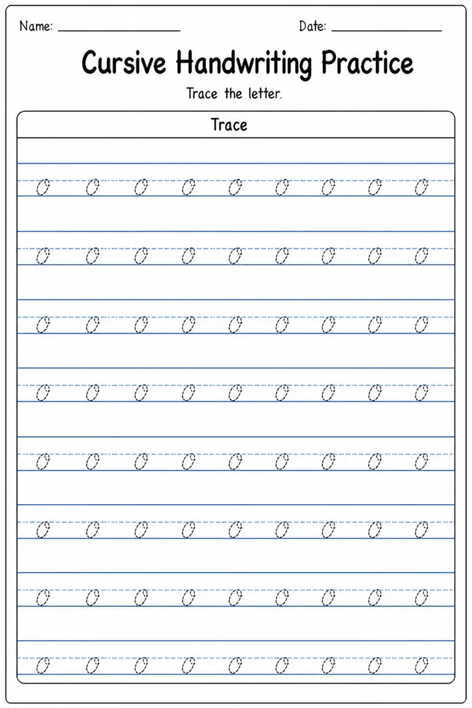 Cursive handwriting practice worksheet for letter O