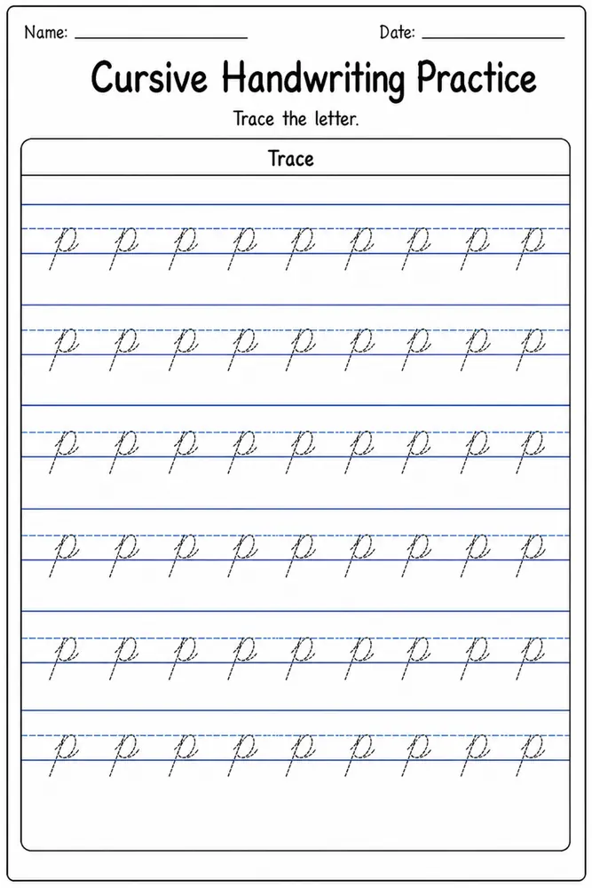 Cursive handwriting practice worksheet for letter P