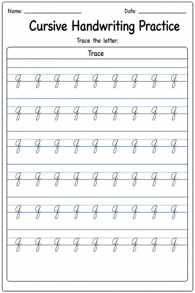Cursive handwriting practice worksheet for letter Q