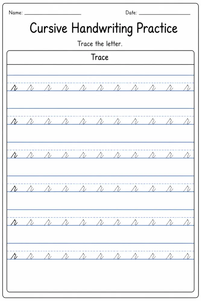 Cursive handwriting practice worksheet for letter R