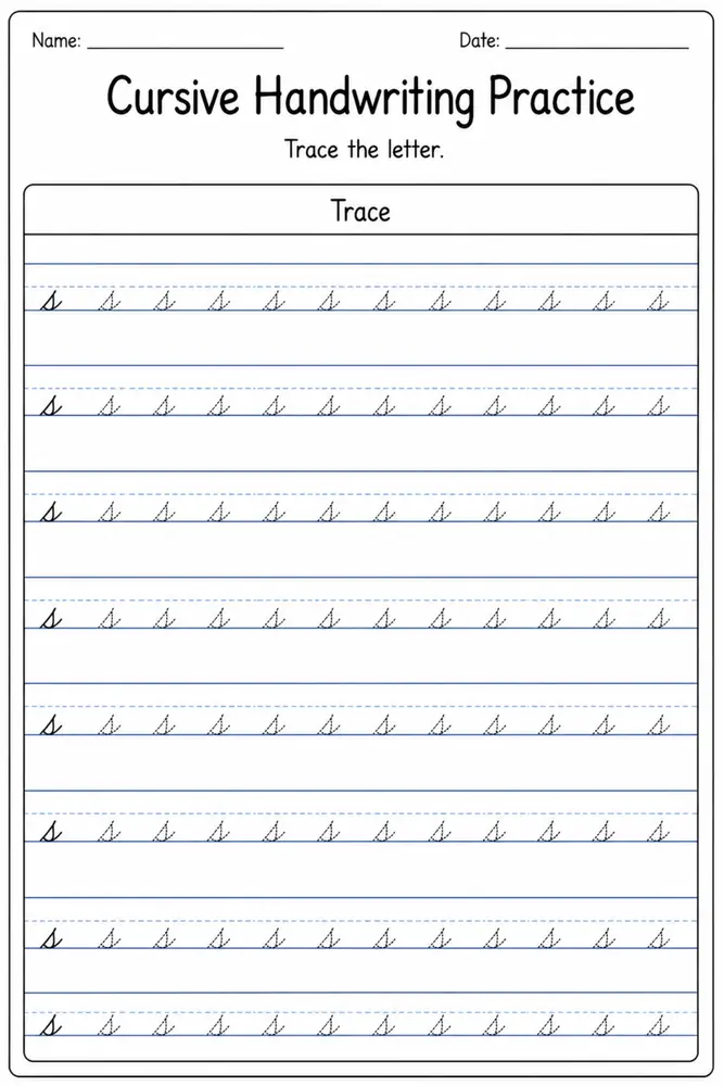 Cursive handwriting practice worksheet for letter S