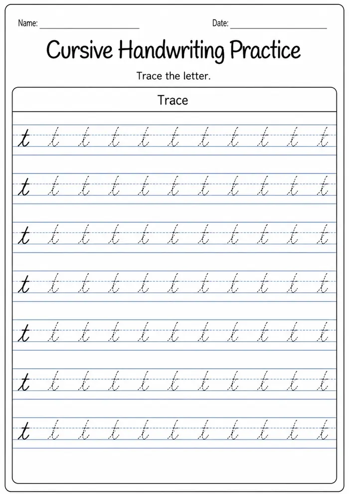 Cursive handwriting practice worksheet for letter T