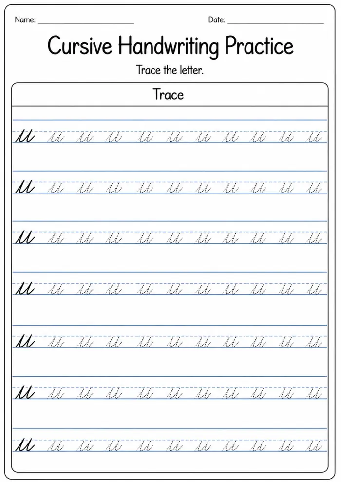 Cursive handwriting practice worksheet for letter U