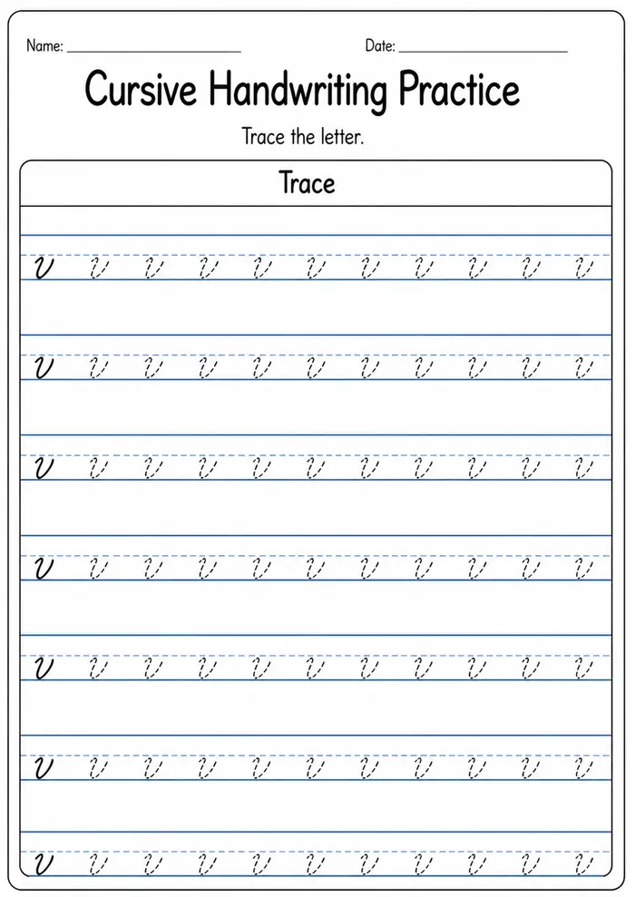 Cursive handwriting practice worksheet for letter V