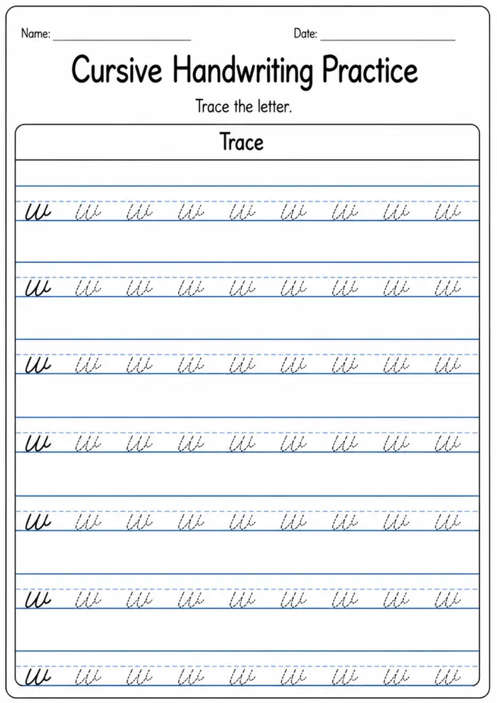 Cursive handwriting practice worksheet for letter W