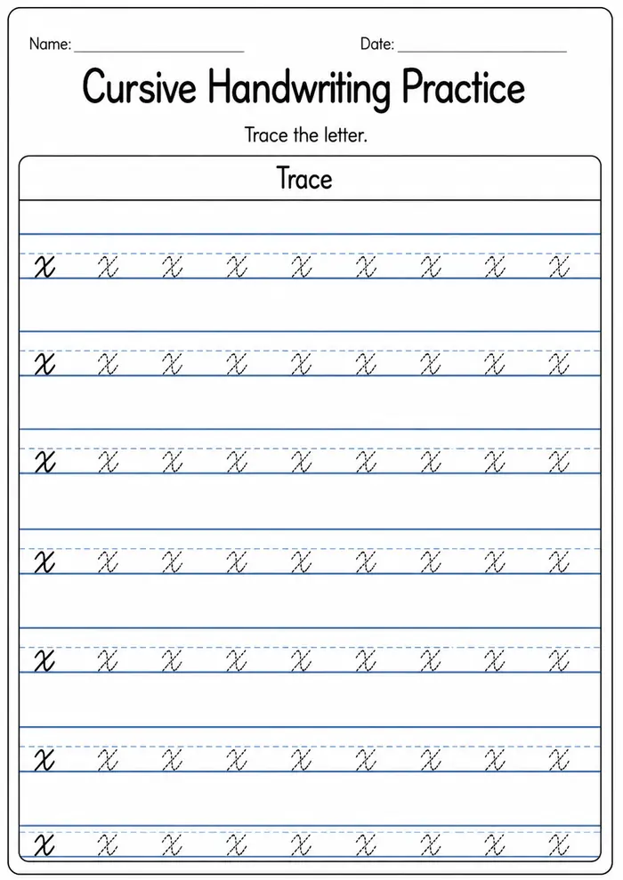 Cursive handwriting practice worksheet for letter X