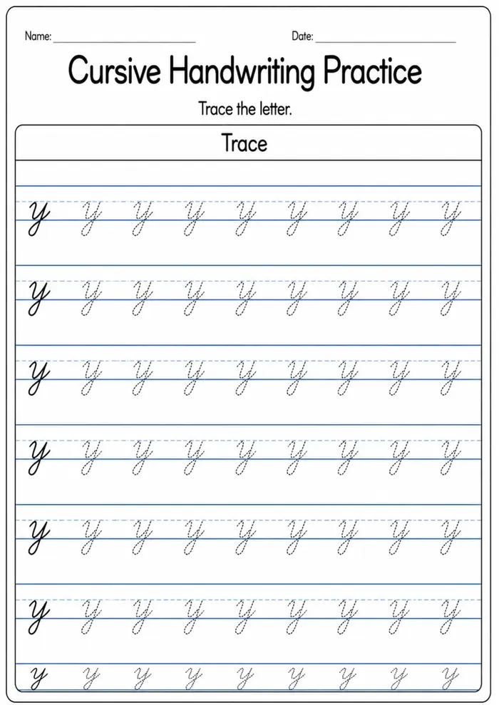 Cursive handwriting practice worksheet for letter Y