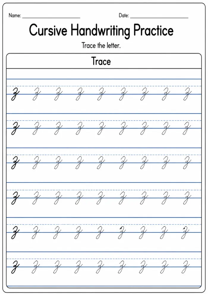 Cursive handwriting practice worksheet for letter Z