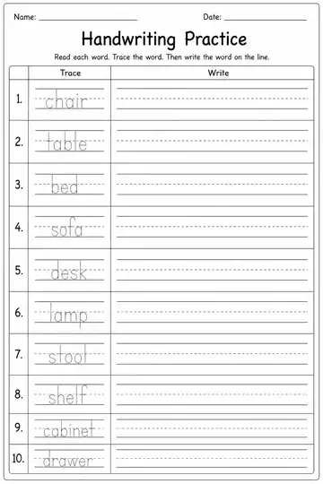 Furniture Practice printable worksheet preview