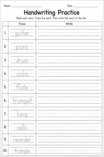 Instruments printable worksheet preview