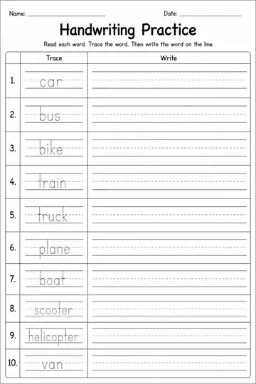 Transport printable worksheet preview